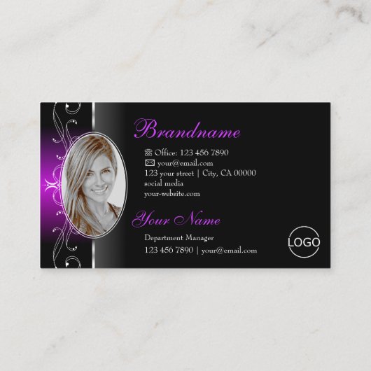 Elegantes Schwarz-Lila-Squiggled-Jewels-Logo und F Visitenkarte (Rückseite)