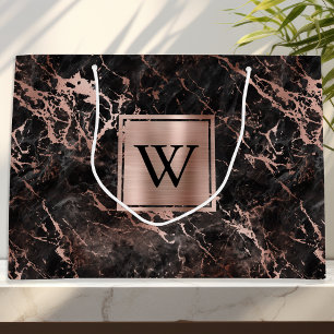 Elegantes Schwarz-Marmor-Roségold-Monogramm Große Geschenktüte
