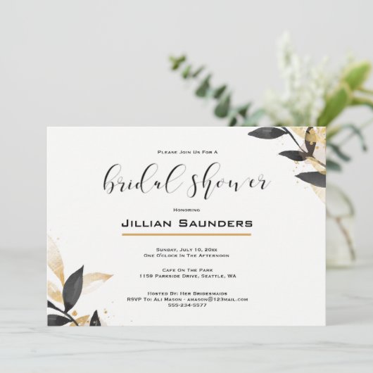 Elegantes Schwarz mit Gold-Brautparty Einladung (Stehend Vorderseite)