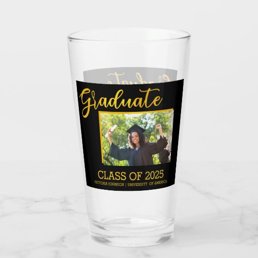 Elegantes Schwarz mit Gold Glitzer Graduate Foto Glas (Rückseite)