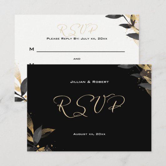 Elegantes Schwarz mit Gold Wedding RSVP Card Karte (Vorne/Hinten)