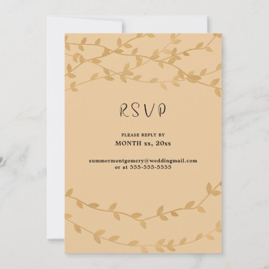 Elegantes Schwarz mit goldenen Blätter Hochzeit Einladung (Rückseite)