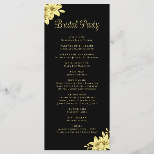 Elegantes Schwarz mit Goldtypografie-Hochzeit Programm (Rückseite)