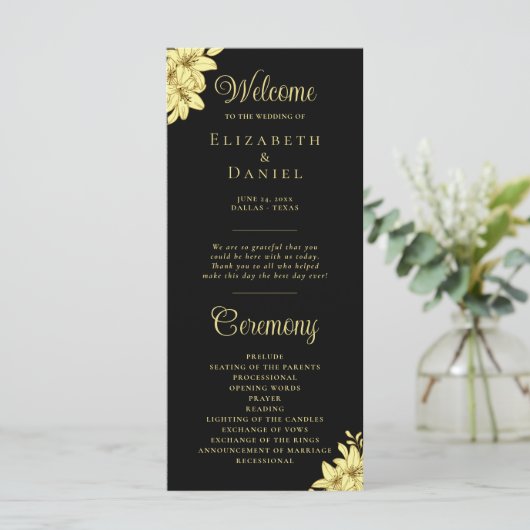 Elegantes Schwarz mit Goldtypografie-Hochzeit Programm (Stehend Vorderseite)