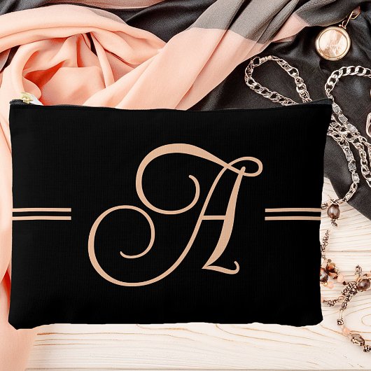 Elegantes Schwarz mit Pfirsichmonogramm Zubehörtasche