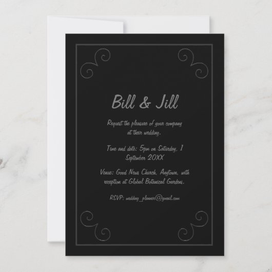 Elegantes Schwarz mit Scrollwork Border Wedding Einladung (Vorderseite)
