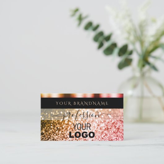Elegantes Schwarz-Orange-Rosa-Sparkle-Glitzer-Logo Visitenkarte (Stehend Vorderseite)