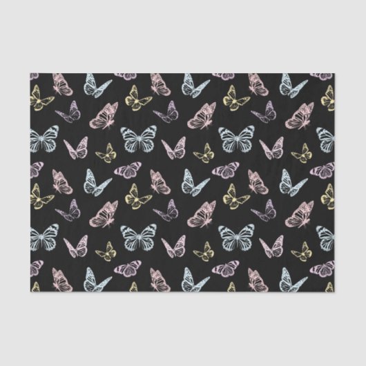 Elegantes Schwarz-Pastel-Rainbow-Schmetterlingsmus Seidenpapier (Vorderseite)