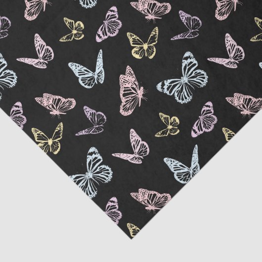Elegantes Schwarz-Pastel-Rainbow-Schmetterlingsmus Seidenpapier (Ausschnitt)