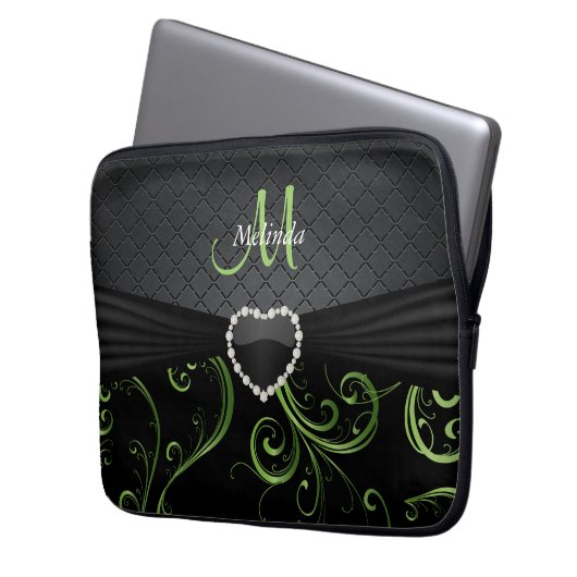 Elegantes Schwarz-Peridot-Grün-Muster Laptopschutzhülle (Vorderseite Links)