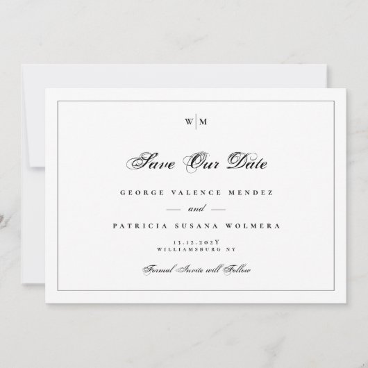 Elegantes Schwarz-Rahmen-Monogramm-Klassisches Fot Save The Date (Vorderseite)
