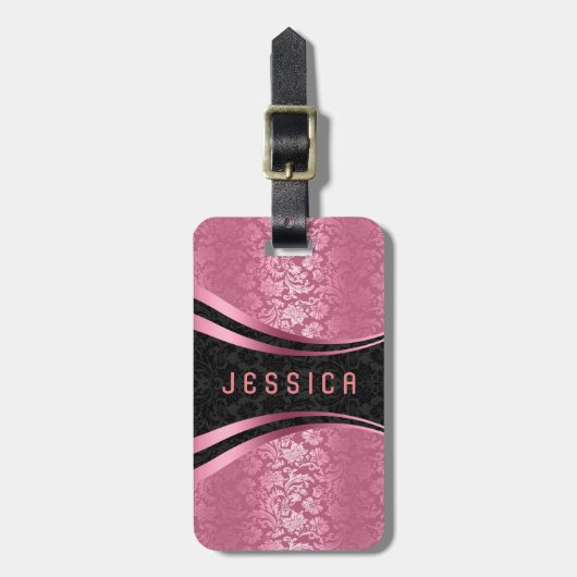 Elegantes Schwarz-Rosa-Damaskus-Muster Gepäckanhänger (Vorderseite vertikal)