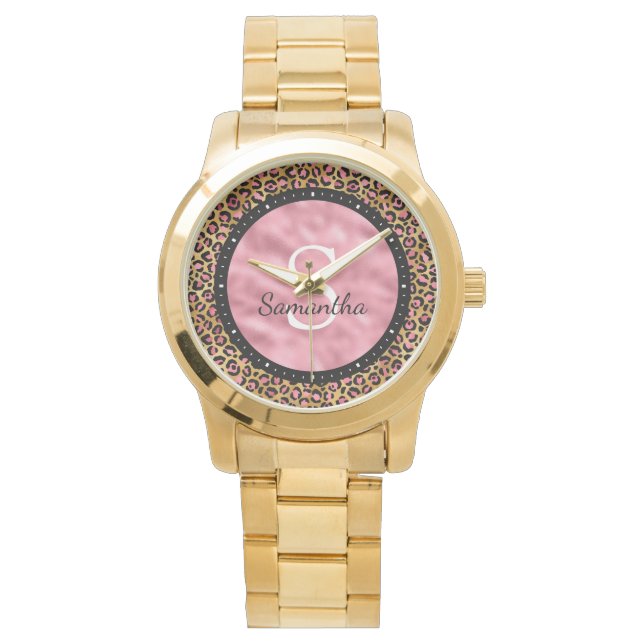 Elegantes Schwarz-Rosa-Foil-Leopard-Monogramm Armbanduhr (Vorderseite)