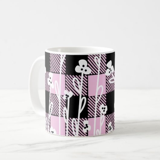 Elegantes, schwarz-rosa kariertes Muster Kaffeetasse (Vorderseite Links)