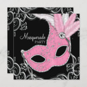 Elegantes Schwarz-Rosa-Masquerade-Party Einladung (Vorne/Hinten)