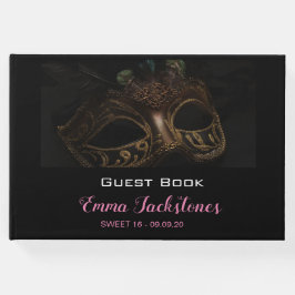 Elegantes Schwarz-Rosa Masquerade Sweet 16 Gästebuch