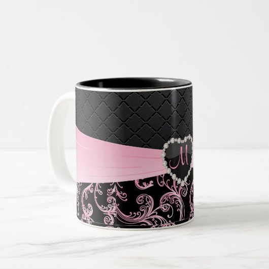 Elegantes Schwarz-Rosa-Muster Zweifarbige Tasse (Vorderseite Links)