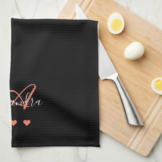 Elegantes Schwarz-Rosa-Script-Name Monogram Geschirrtuch (Viertel Falte)