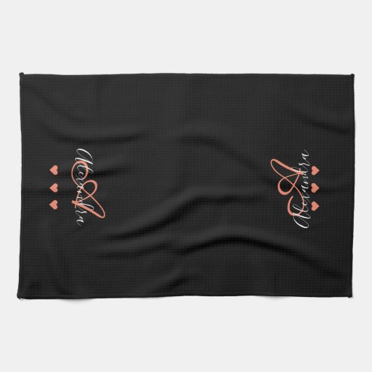 Elegantes Schwarz-Rosa-Script-Name Monogram Geschirrtuch (Horizontal)
