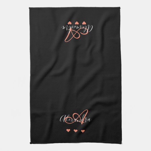 Elegantes Schwarz-Rosa-Script-Name Monogram Geschirrtuch (Vertikal)