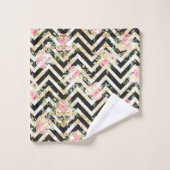 Elegantes Schwarz-, Rosa- und Grünes Blumen Badetu Badhandtuch Set (Waschlappen)