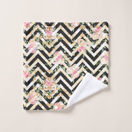 Elegantes Schwarz-, Rosa- und Grünes Blumen Badetu Badhandtuch Set (Waschlappen)