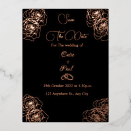 Elegantes Schwarz-Rose-Gold Save the Date Folie Einladungspostkarte