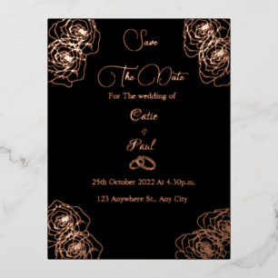 Elegantes Schwarz-Rose-Gold Save the Date Folie Einladungspostkarte