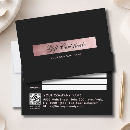 Elegantes Schwarz-Roségold QR-Code-Geschenk-Zertif