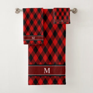 Elegantes Schwarz-Rot-Diamantmuster & Monogramm Badhandtuch Set