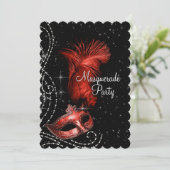 Elegantes Schwarz-Rot-Masquerade-Party Einladung (Stehend Vorderseite)