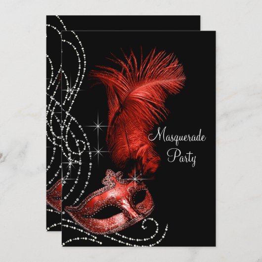 Elegantes Schwarz-Rot-Masquerade-Party Einladung (Vorne/Hinten)