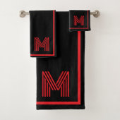 Elegantes Schwarz/Rot-Personalisiertes Monogramm Badhandtuch Set (Insitu)