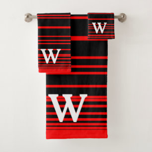 Elegantes Schwarz-Rot-Streifenmuster Monogramm Badhandtuch Set