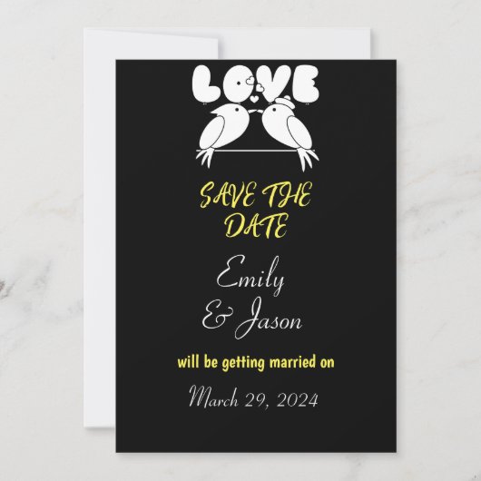 Elegantes Schwarz Save the Date mit Liebesvögeln Einladung (Vorderseite)