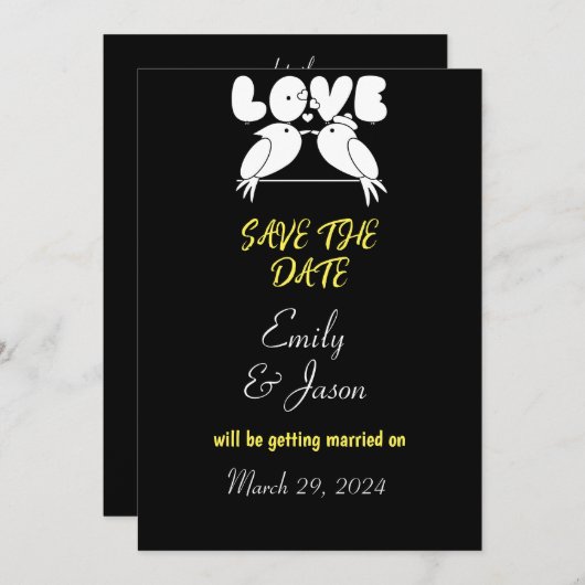 Elegantes Schwarz Save the Date mit Liebesvögeln Einladung (Vorne/Hinten)