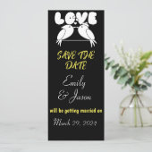Elegantes Schwarz Save the Date mit Liebesvögeln Einladung (Stehend Vorderseite)