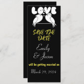 Elegantes Schwarz Save the Date mit Liebesvögeln Einladung (Vorne/Hinten)