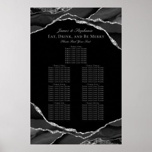 Elegantes Schwarz-Silber-Agate-Hochzeitsdiagramm Poster (Vorne)