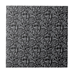 Elegantes Schwarz-Silber-Damask-Blumenmuster Fliese