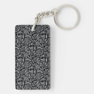 Elegantes Schwarz-Silber-Damask-Blumenmuster Schlüsselanhänger