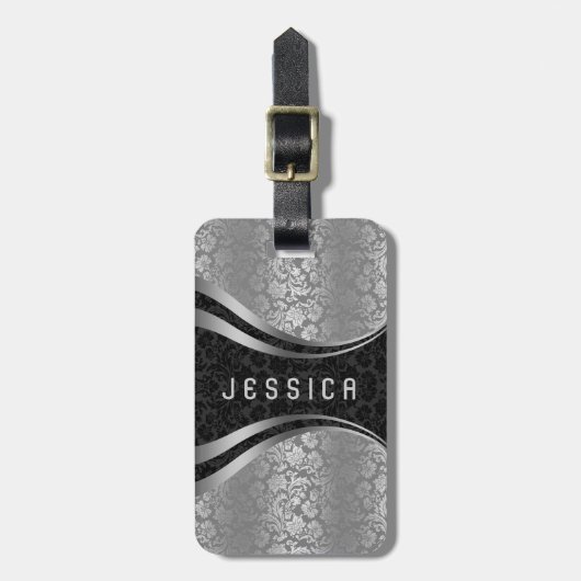 Elegantes Schwarz-Silber-Damaskus-Muster Gepäckanhänger (Vorderseite vertikal)