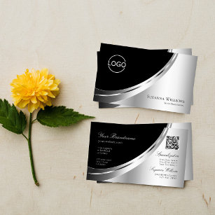 Elegantes Schwarz-Silber-Dekor mit Logo und QR-Cod Visitenkarte