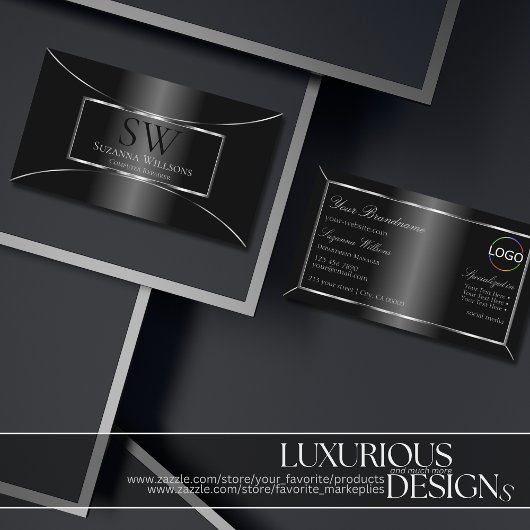 Elegantes Schwarz-Silber-Dekor mit Monogramm und L Visitenkarte