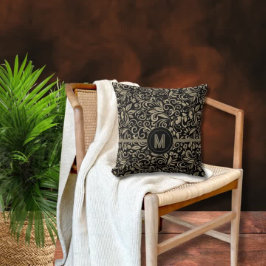 Elegantes Schwarz-Silber-Floral-Monogramm Kissen