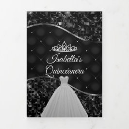 Elegantes Schwarz-Silber-Foto Quinceanera Trifold Dreifach-gefaltete Programmkarte