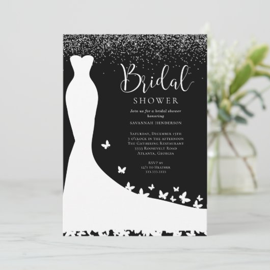 Elegantes Schwarz-Silber-Glitzer-Brautparty in Einladung (Stehend Vorderseite)