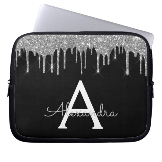 Elegantes Schwarz-Silber-Glitzer-Sparkle-Monogramm Laptopschutzhülle (Vorderseite)