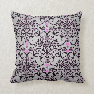 Elegantes Schwarz Silber Lila Blumen Damast Muster Kissen