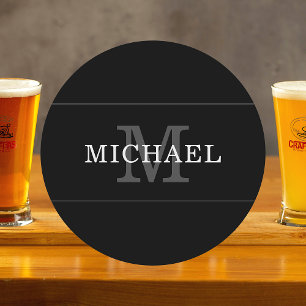 Elegantes Schwarz Silber Monogramm Name Personalis Runder Pappuntersetzer